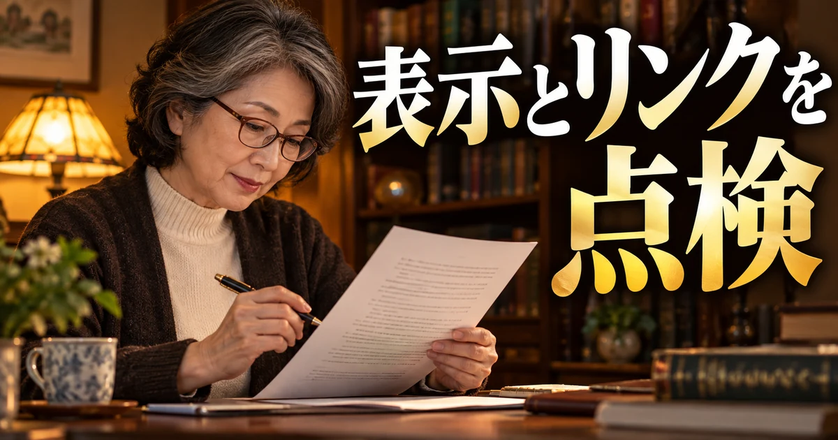 表示とリンクを点検の見出しと、眼鏡を掛けて文面を確認する女性
