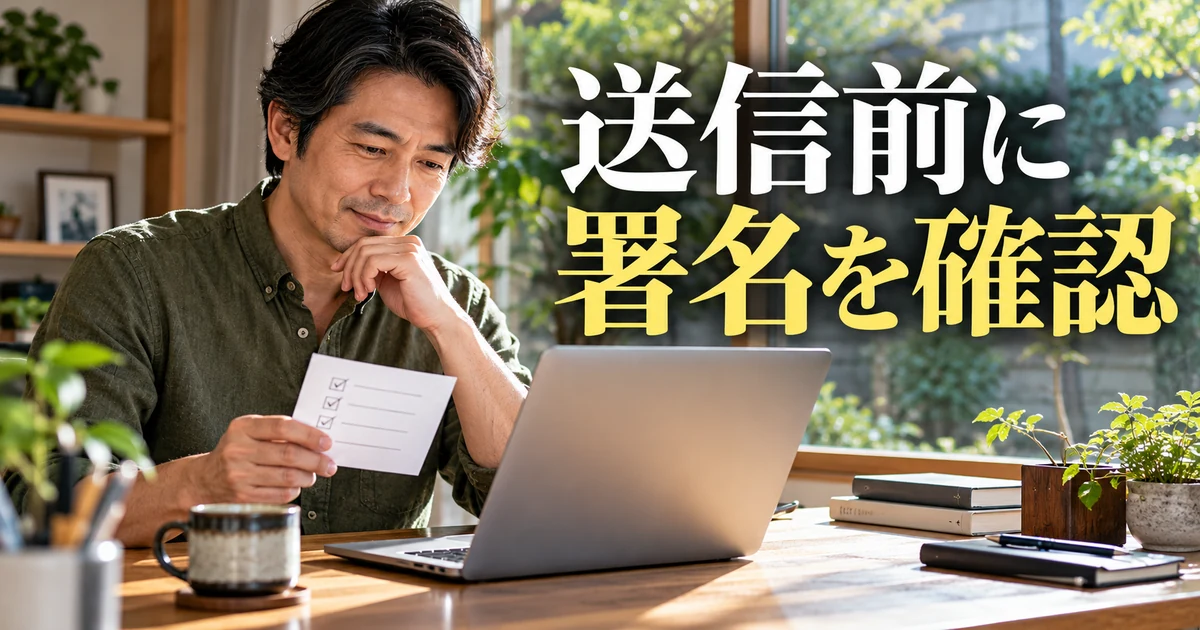 送信前に署名を確認の見出しと、点検表を持ってパソコンを見る男性