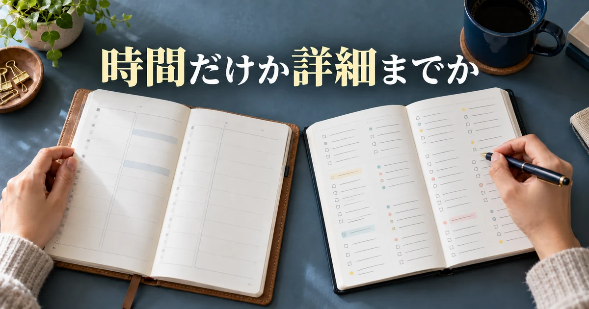 時間だけか詳細までかの見出しと、二冊の手帳を比較する手