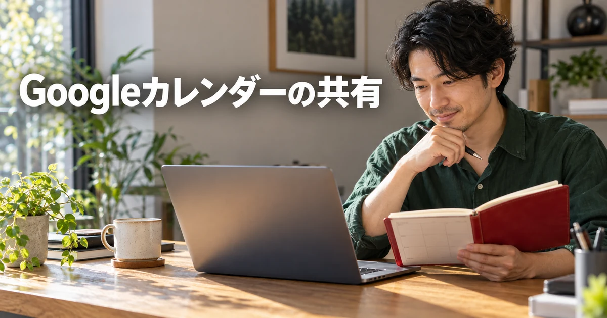 Googleカレンダーの共有の見出しと、手帳を確認する男性