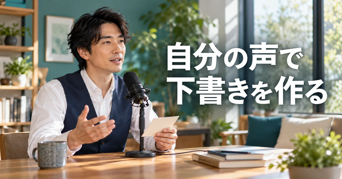 メモを見ながら自分の声で下書きを作る男性