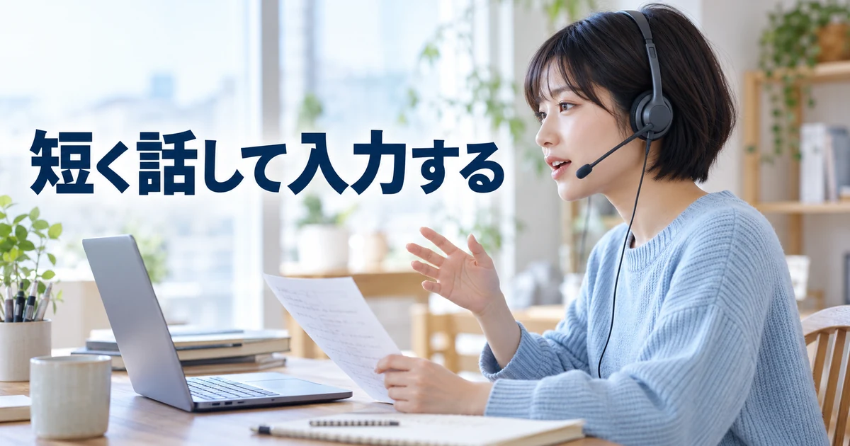 ヘッドセットで短い文を話す女性と「短く話して入力する」の文字