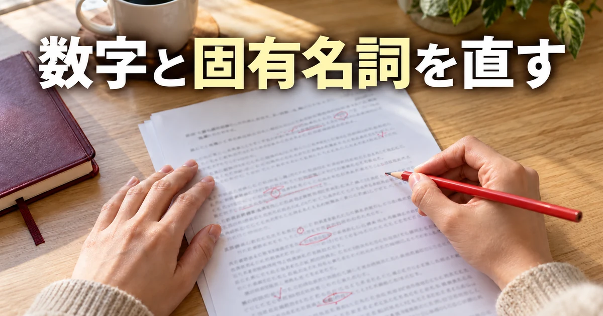 赤い鉛筆で数字や表記を点検する手元