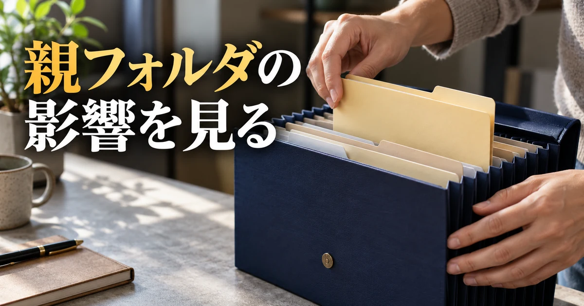 親フォルダの影響を見るの見出しと、大きなファイル入れへ小さなフォルダを入れる手
