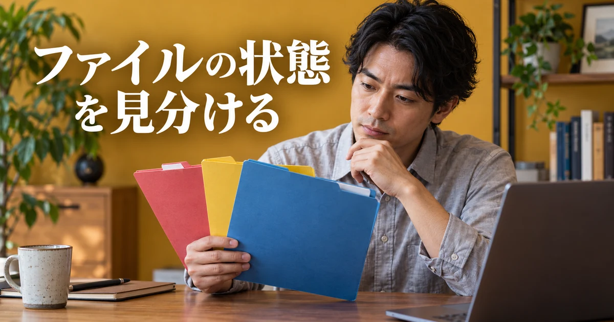 ファイルの状態を見分けるの見出しと、三色のフォルダーを読む男性