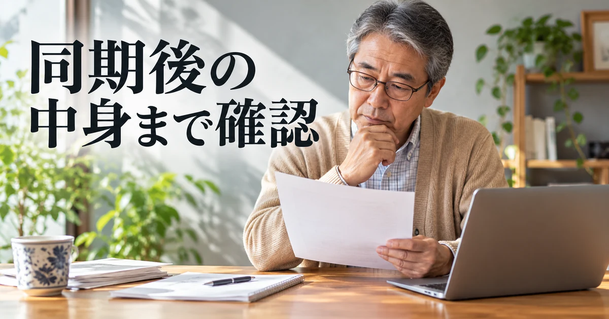 同期後の中身まで確認の見出しと、紙とパソコンを照合する男性