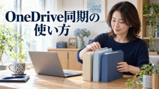 OneDrive同期の使い方の見出しと、資料のフォルダーを確認する女性