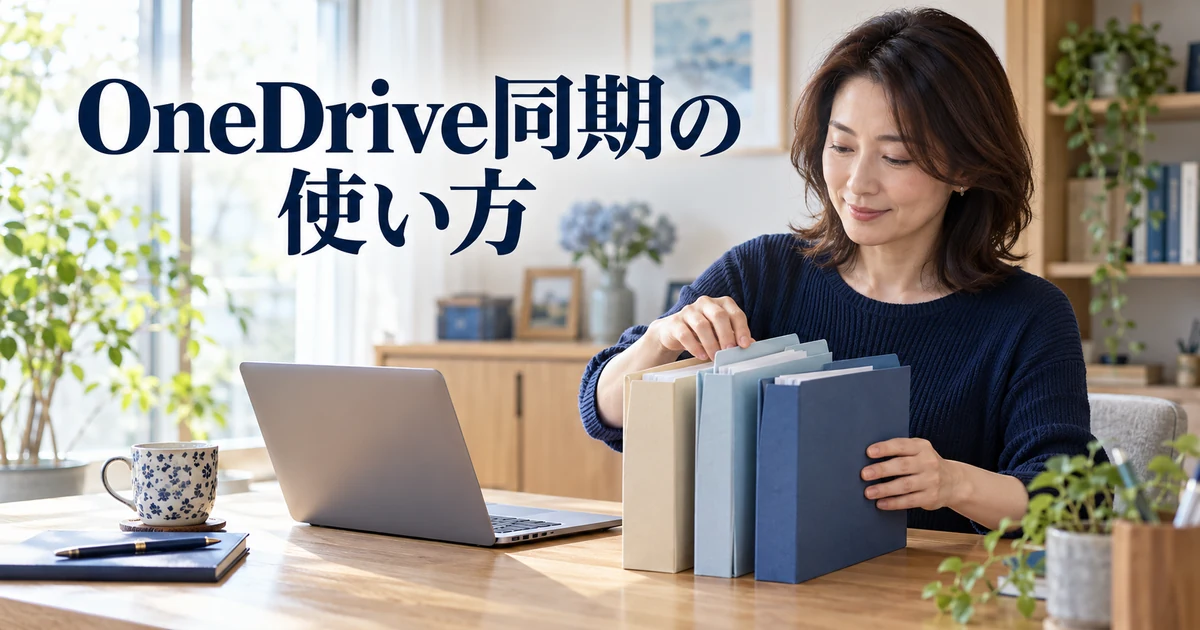 OneDrive同期の使い方の見出しと、資料のフォルダーを確認する女性