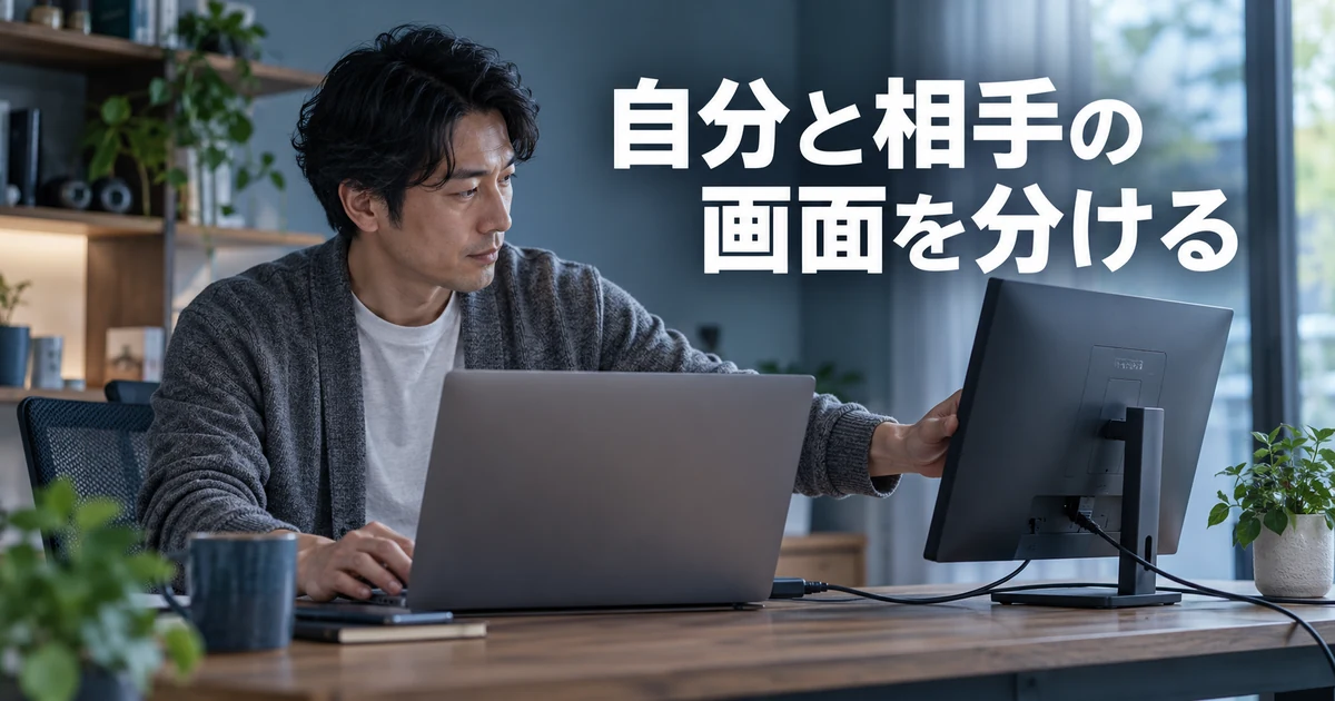 ノートPCと外部モニターを準備する男性と「自分と相手の画面を分ける」の文字