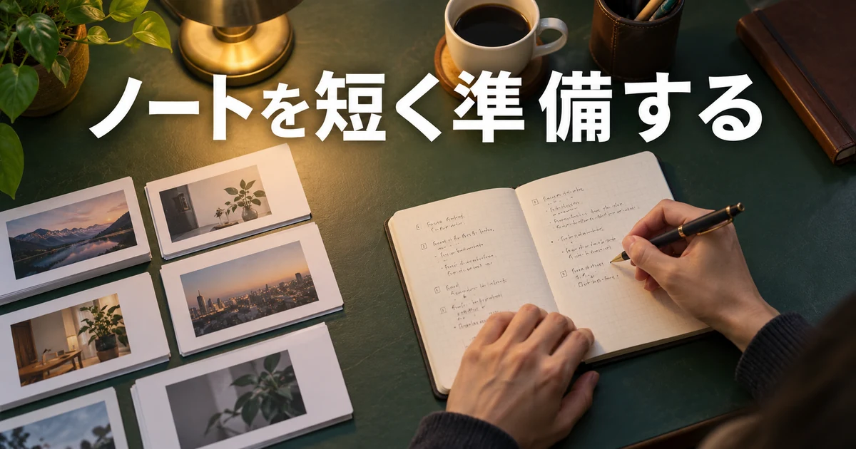 紙のノートに要点を書く手元と「ノートを短く準備する」の文字