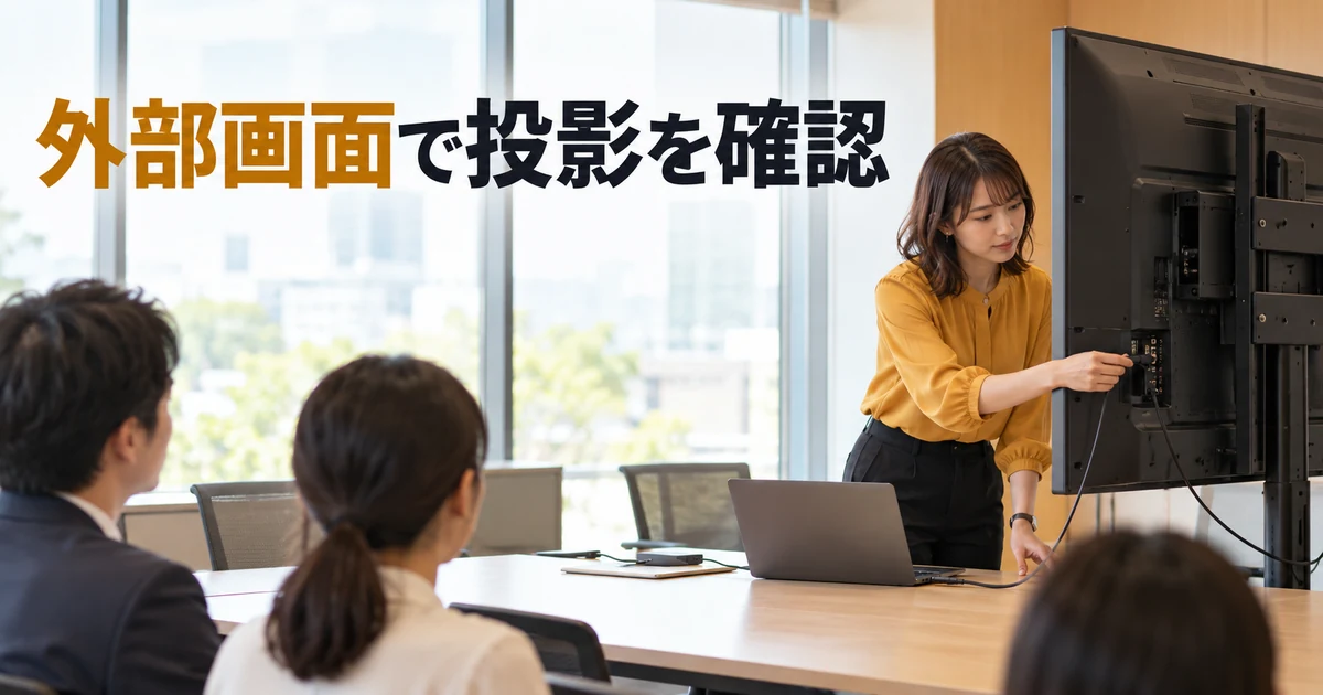 会議室で外部画面の接続を確認する女性