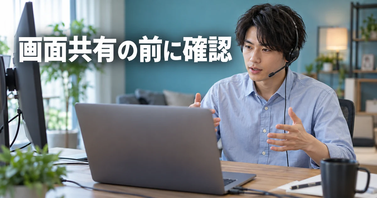 ヘッドセットを付けてオンライン発表を練習する男性