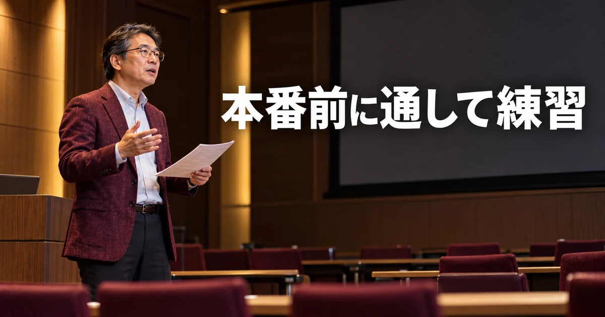 空の会場で発表を通して練習する男性