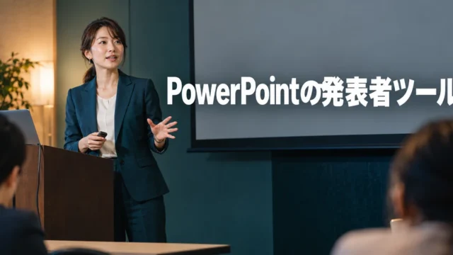 発表会場で話す女性と「PowerPointの発表者ツール」の文字