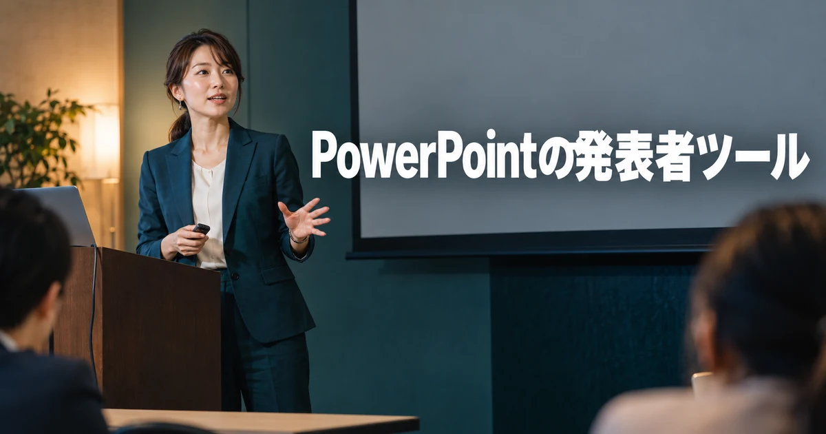発表会場で話す女性と「PowerPointの発表者ツール」の文字