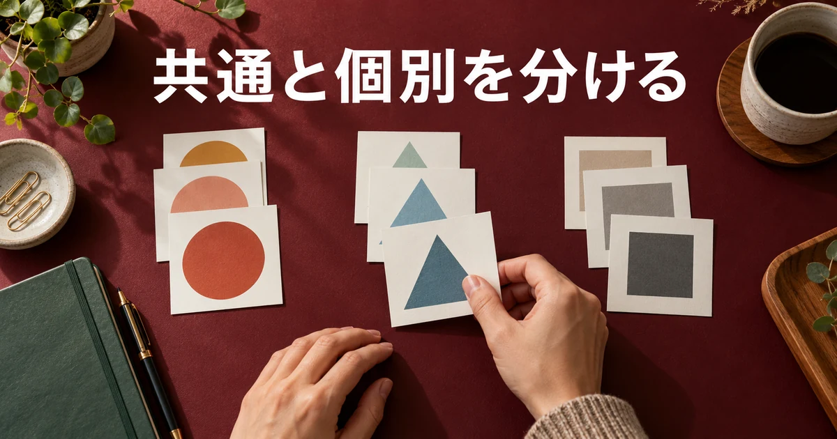 三群のカードを並べる手元と「共通と個別を分ける」の文字