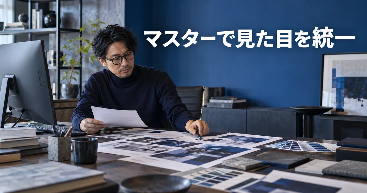 青い部屋でデザイン見本を確認する男性と「マスターで見た目を統一」の文字