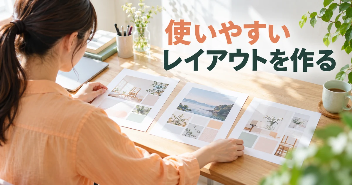 三種類の紙面レイアウトを確認する女性