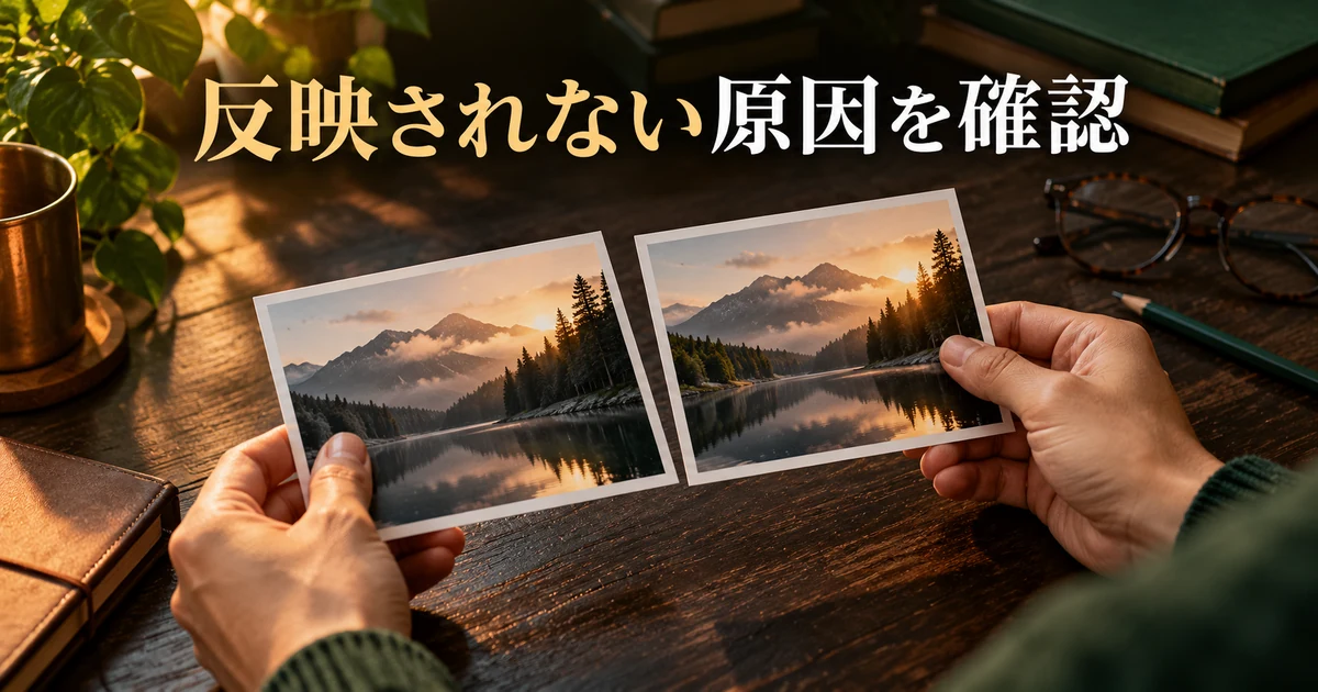 二枚の印刷見本を比較する手元と「反映されない原因を確認」の文字