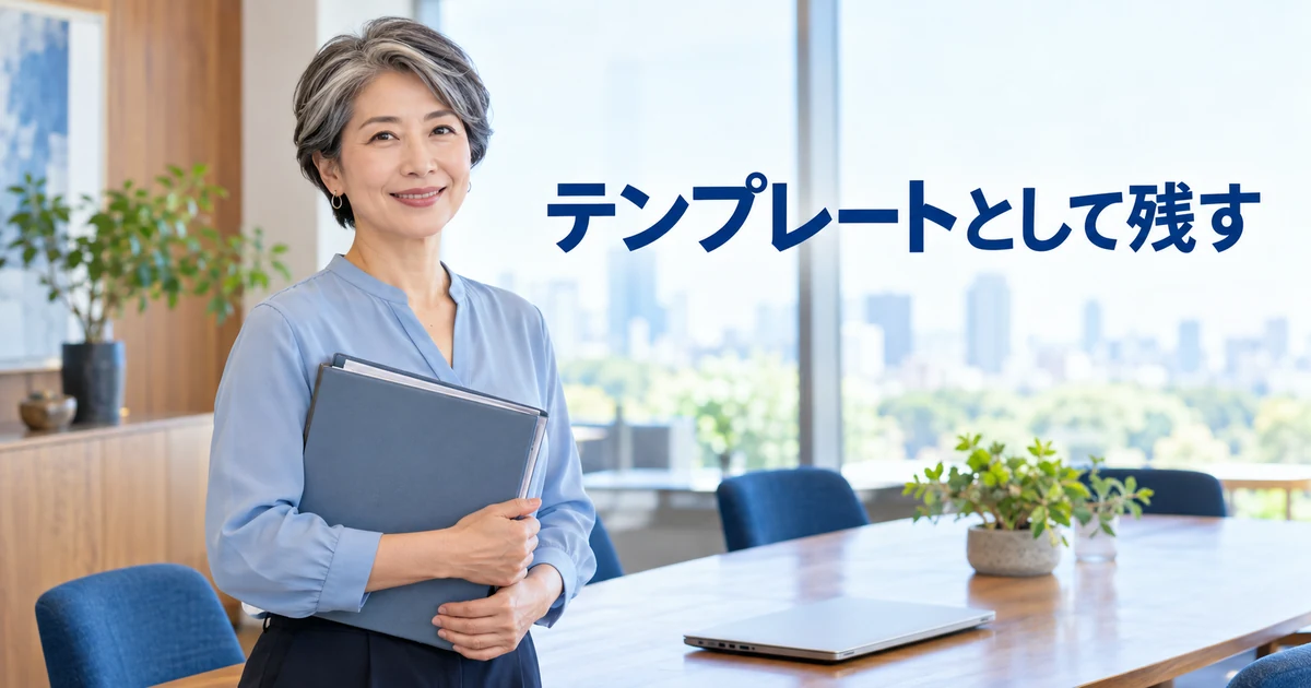 資料のファイルを持つ女性と「テンプレートとして残す」の文字