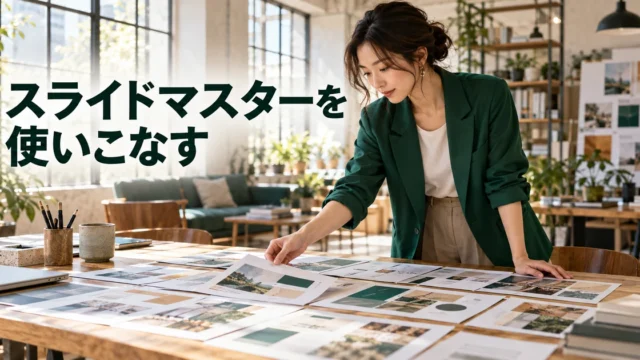 スライドの印刷見本を整理する女性と「スライドマスターを使いこなす」の文字
