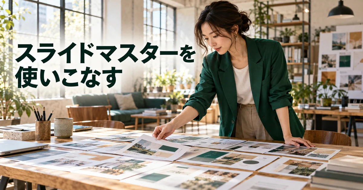 スライドの印刷見本を整理する女性と「スライドマスターを使いこなす」の文字