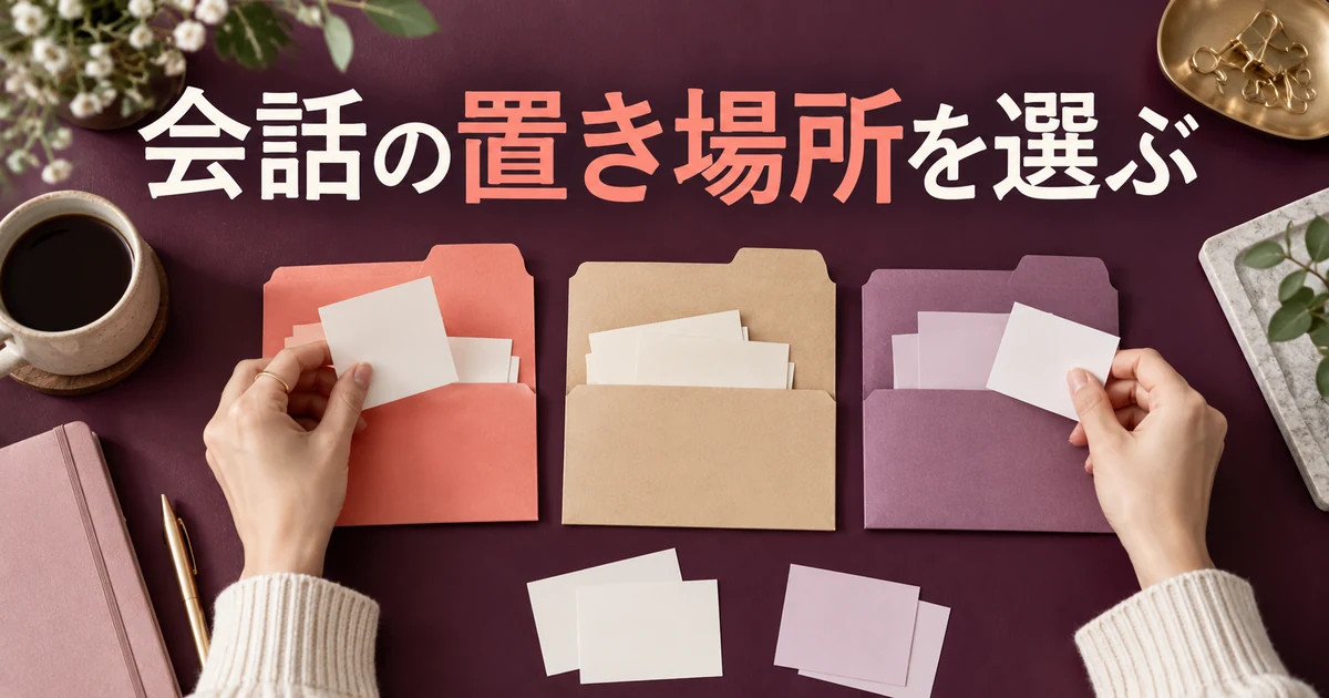 会話の置き場所を選ぶの見出しと、三つのフォルダへカードを分ける手