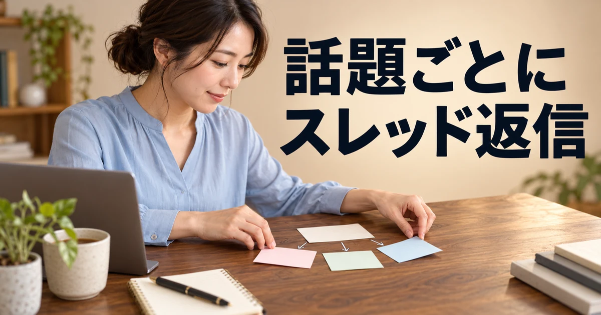 話題ごとにスレッド返信の見出しと、一枚のカードから三枚の返信を整理する女性
