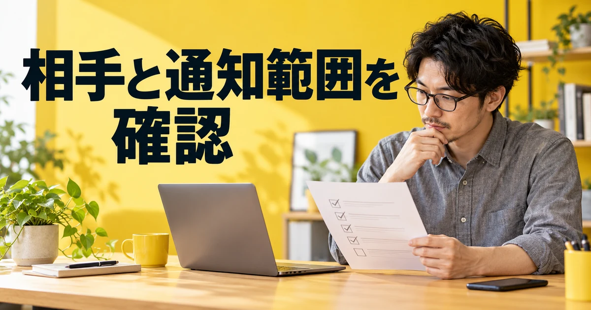 相手と通知範囲を確認の見出しと、点検表を読む男性