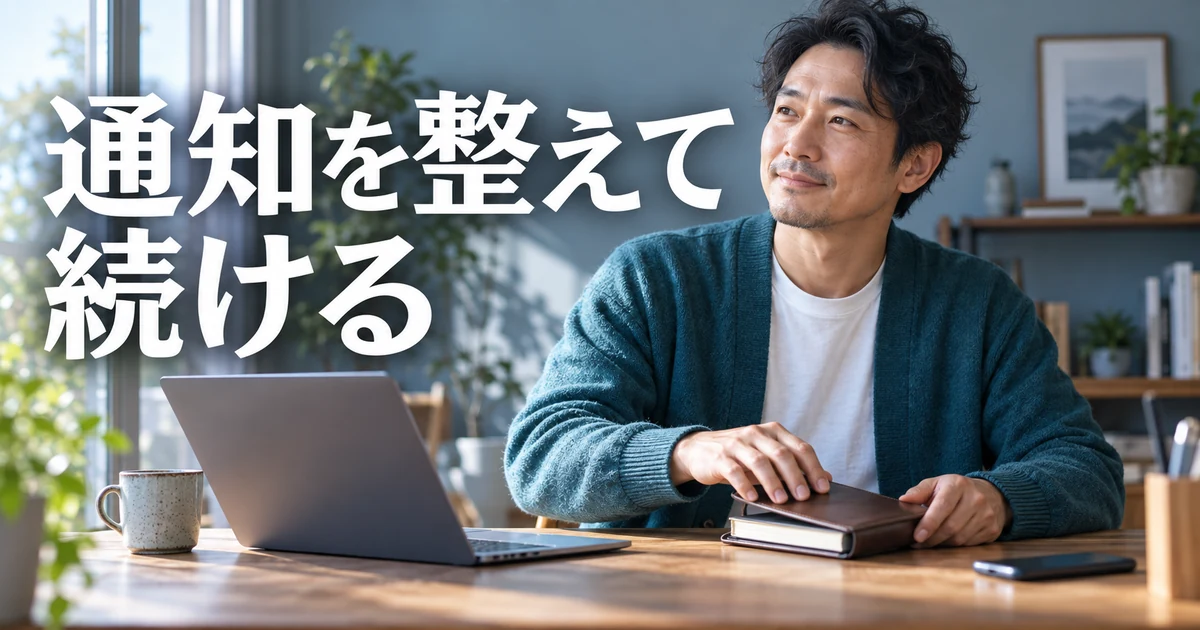 通知を整えて続けるの見出しと、手帳を閉じて作業を整理する男性