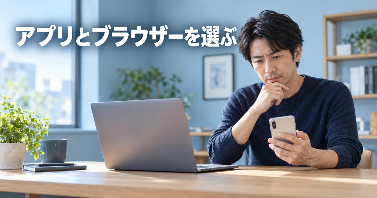 アプリとブラウザーを選ぶの見出しと、パソコンとスマホを確認する男性