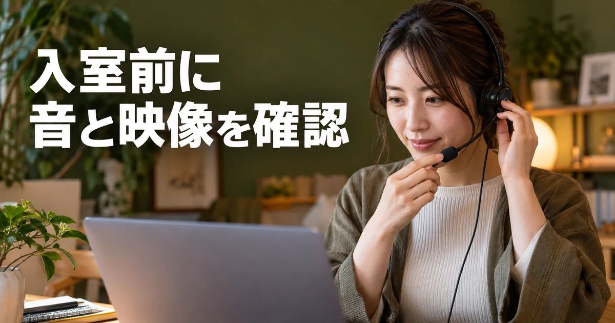 入室前に音と映像を確認の見出しと、ヘッドセットの位置を調整する女性