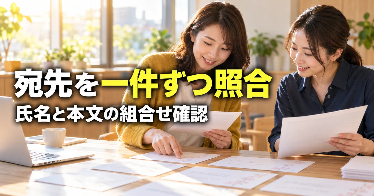 差し込み結果の氏名と本文を一件ずつ照合する説明用生成画像