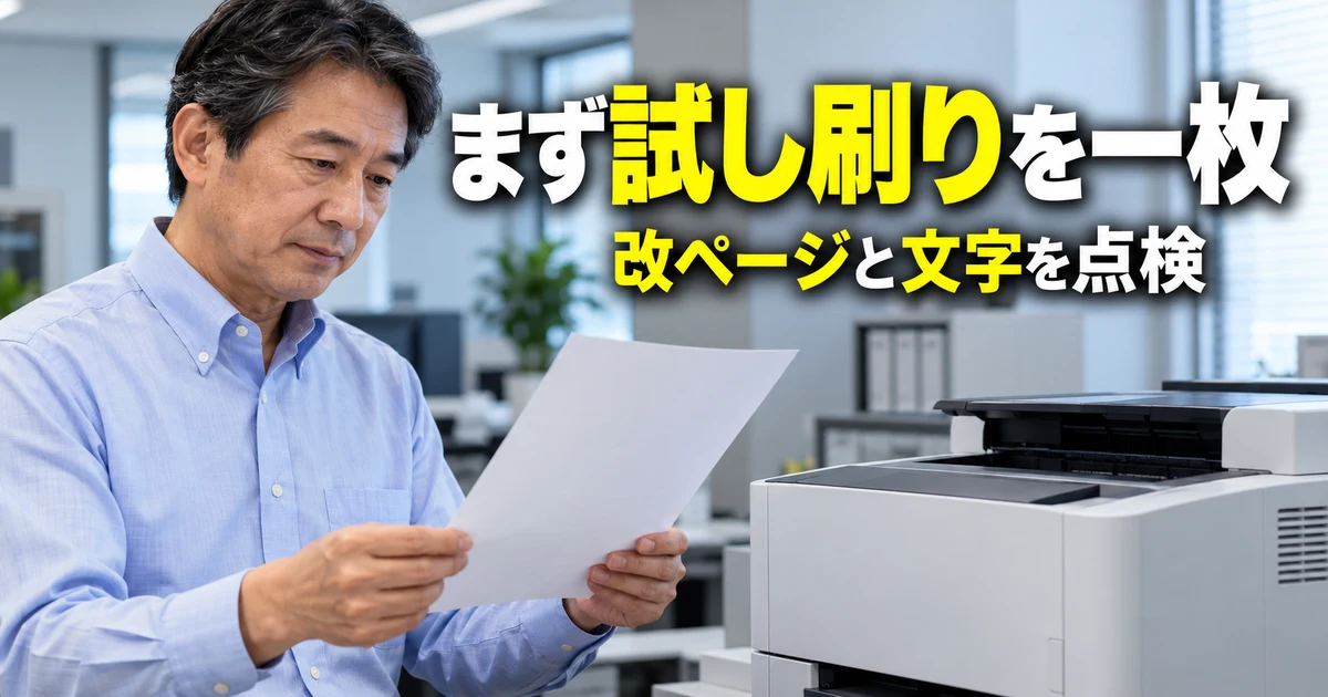 一枚の試し刷りで改ページと文字を点検する説明用生成画像