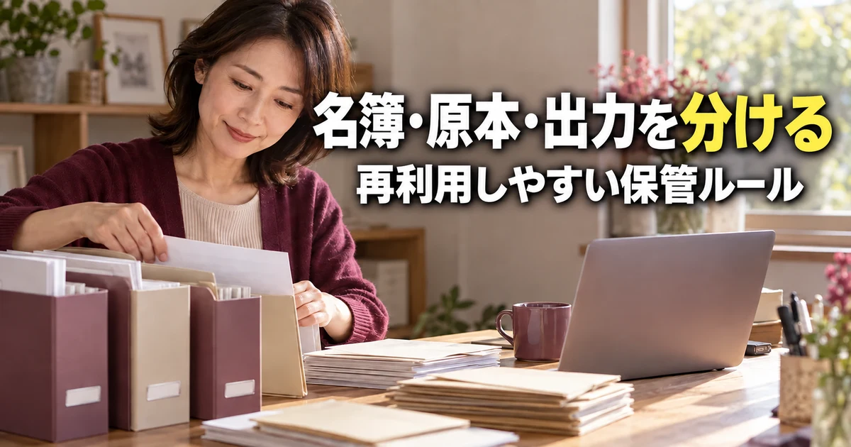 名簿と差し込み原本と出力文書を分けて管理する説明用生成画像
