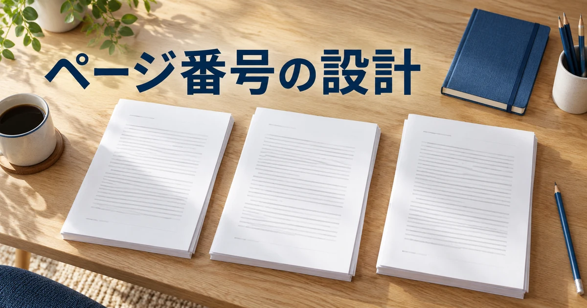 三つの書類の束を並べた机と「ページ番号の設計」の文字