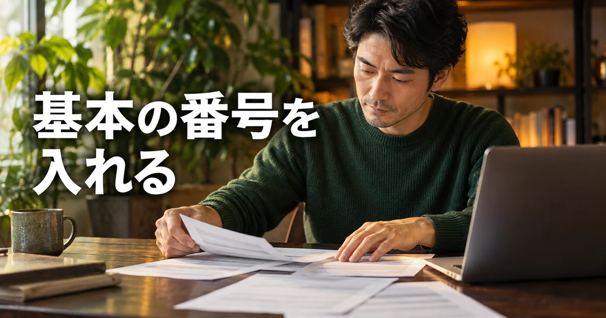 書類を並べて番号の基本を確認する男性