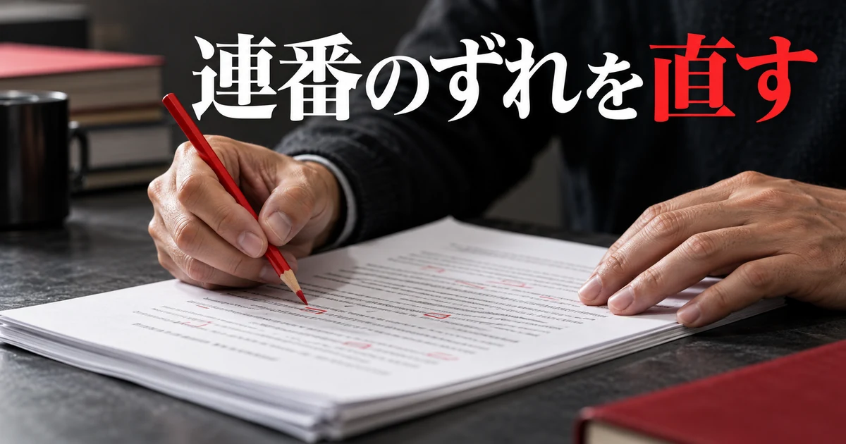 赤い鉛筆で文書を点検する手元と「連番のずれを直す」の文字