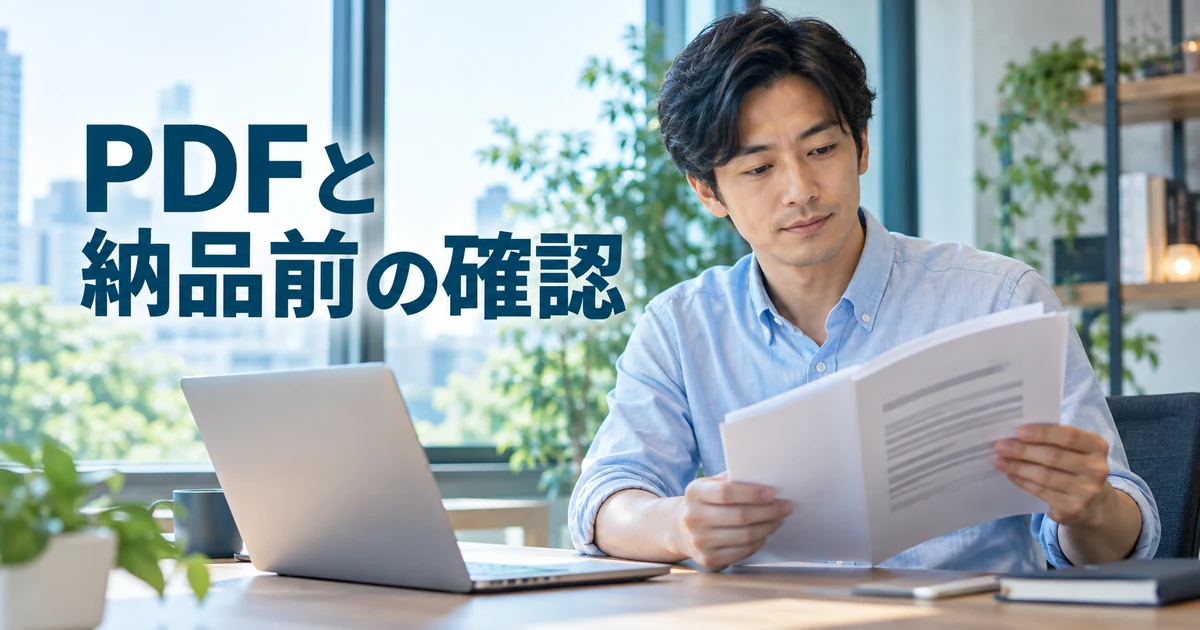 窓辺で冊子を確認する男性と「PDFと納品前の確認」の文字