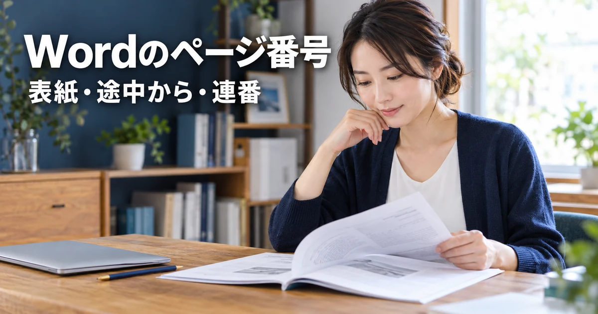 印刷したマニュアルを確認する女性と「Wordのページ番号」の文字