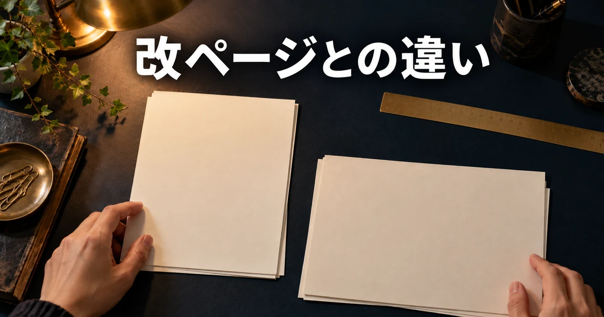 縦横の用紙を暗い机に並べた手元と「改ページとの違い」の文字