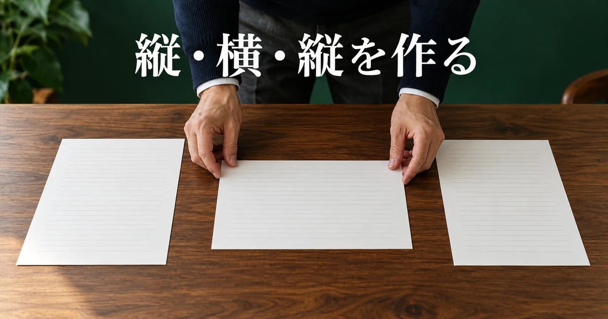 縦・横・縦に三枚の用紙を並べる手元