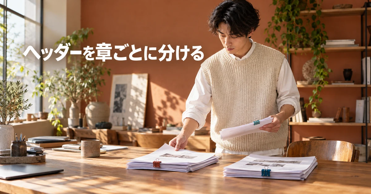 章ごとの書類を分ける男性と「ヘッダーを章ごとに分ける」の文字