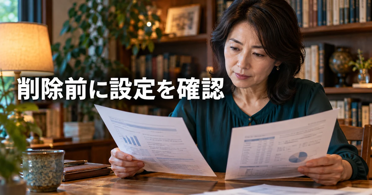 二つの資料を見比べる女性と「削除前に設定を確認」の文字