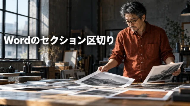 縦と横の用紙を確認する男性と「Wordのセクション区切り」の文字