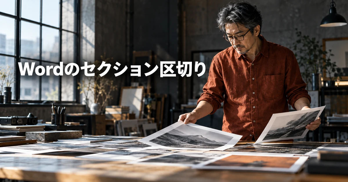 縦と横の用紙を確認する男性と「Wordのセクション区切り」の文字