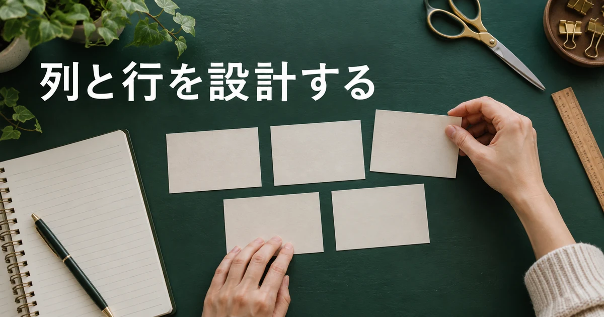 五枚のカードを並べる手元と「列と行を設計する」の文字