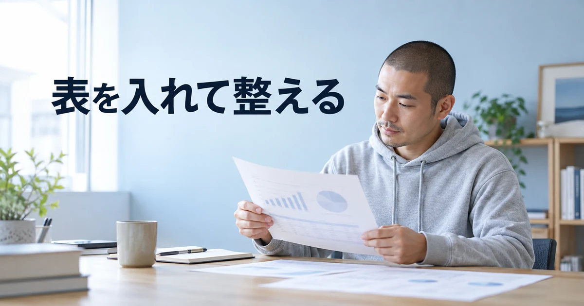 青い部屋で資料を確認する男性と「表を入れて整える」の文字