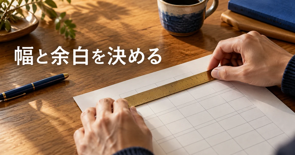 紙の表の幅を定規で確かめる手元と「幅と余白を決める」の文字