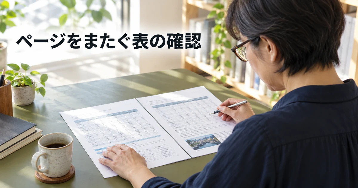 二枚の表を読み比べる女性と「ページをまたぐ表の確認」の文字